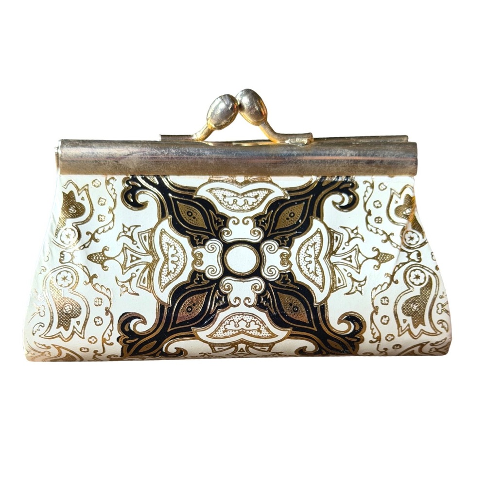 Vintage Made‎ in Italy Leather Kiss Lock Coin Purse Gold Black Damask Scrollwork